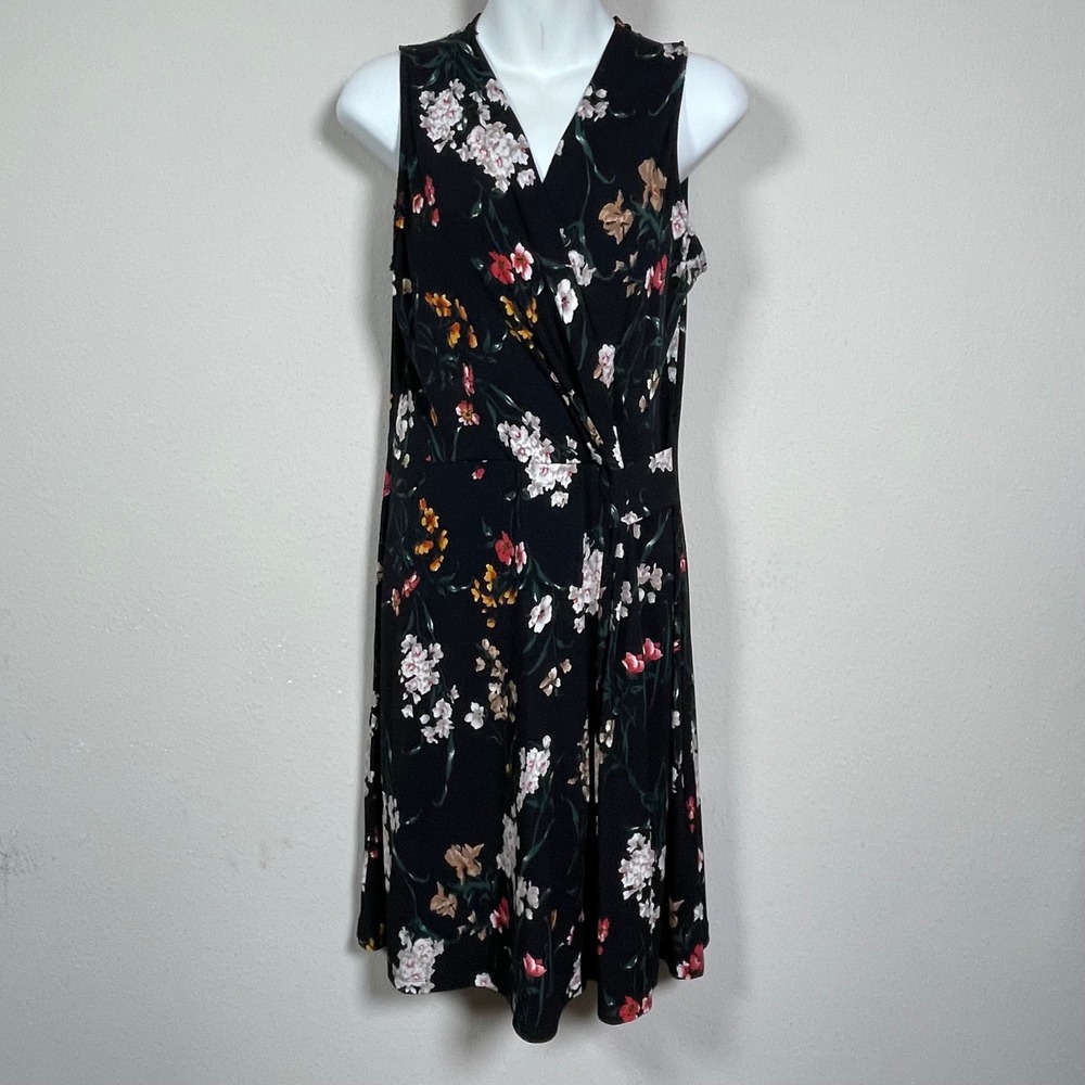 Kaileigh Seanna Faux Wrap Knit Dress Dark Fairy L Black Floral Sleeveless V-Neck